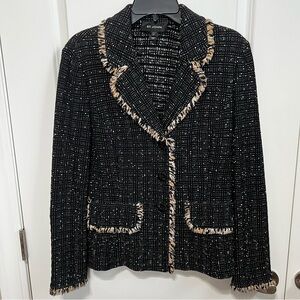 St. John Black and Cream Tweed Blazer with Fringe